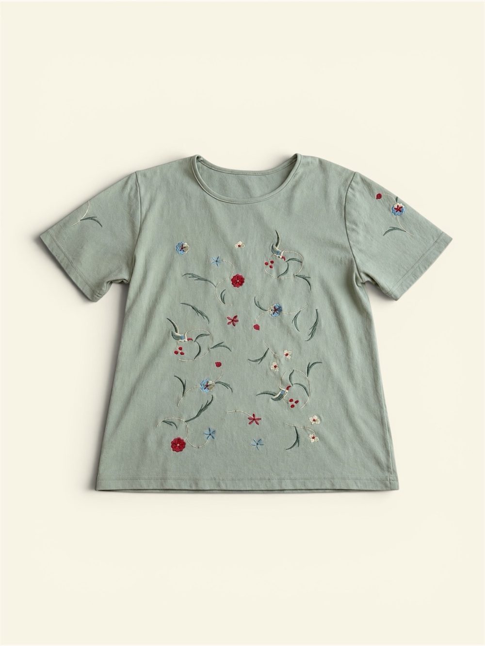 Vintage Y2K Sage Green Embroidered Bird Floral Tee Cottagecore Women's M CJ Bank